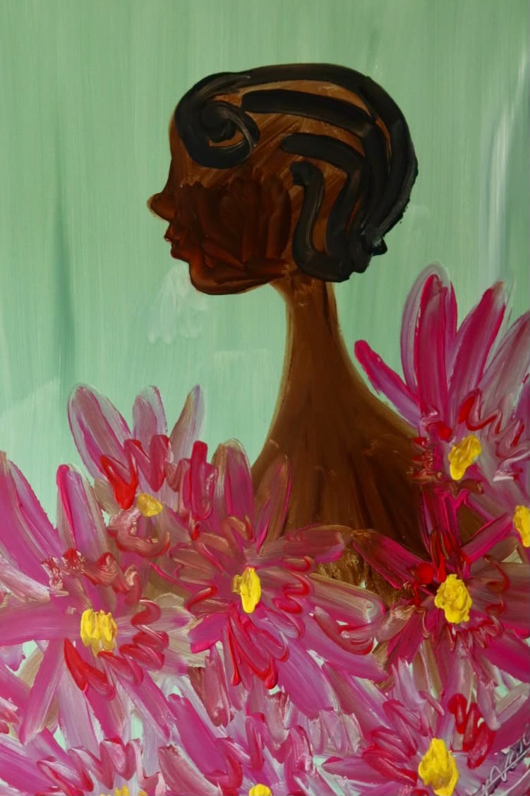 Flowers in Profile artwork printed on a white T-shirt