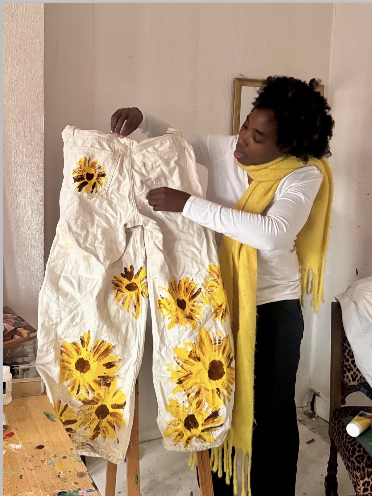 Hand-painted sunflower trousers
