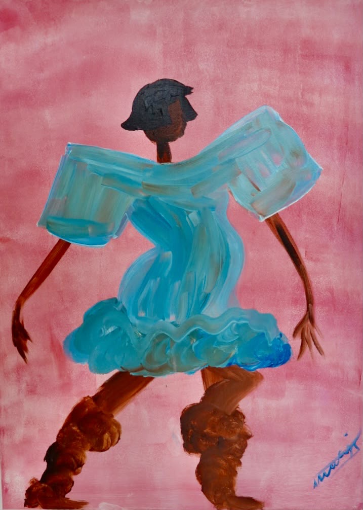 Blue Dancer artwork printed on a white T-shirt